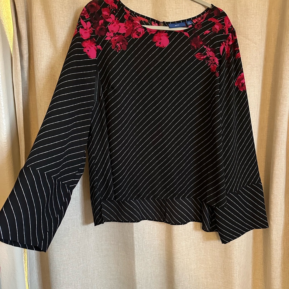 Apt. 9 Black Pinstripe Blouse with Pink Floral Yoke